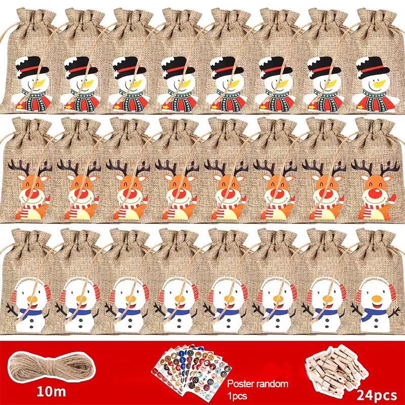 24Pcs DIY Christmas Advent Calendar Gift Bags Merry Christmas Decor for Paper Clips Stickers Cristmas Ornament Xmas Navidad