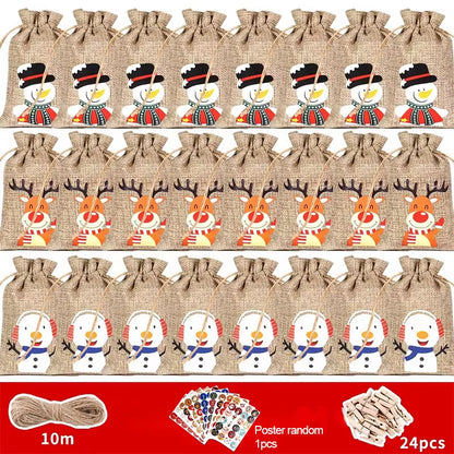 24Pcs DIY Christmas Advent Calendar Gift Bags Merry Christmas Decor for Paper Clips Stickers Cristmas Ornament Xmas Navidad