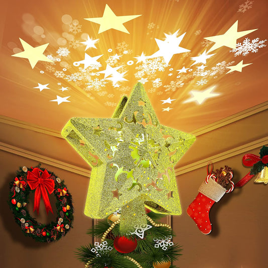 Christmas Tree Topper Star, Rotating Christmas Tree Star Topper Glitter Lighted Gold Star Tree Toppers for Christmas Tree Decorations